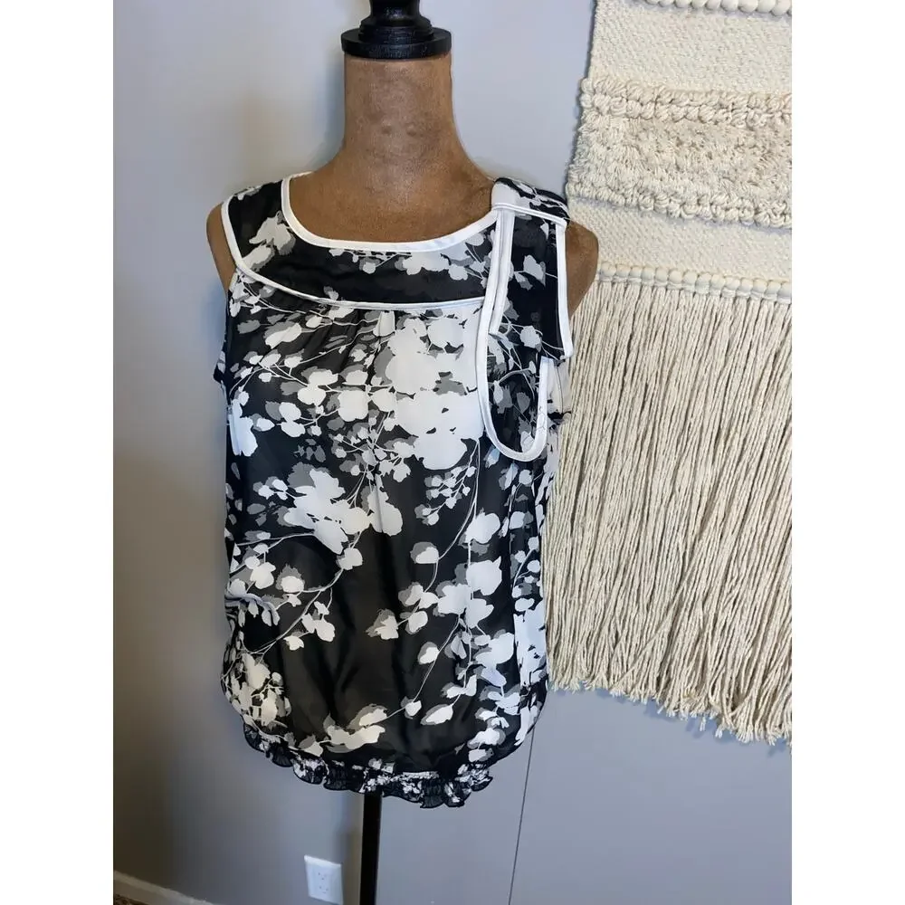 BCX Black White Floral Sleeveless Bubble Hem Blouse Medium Sheer Layered Top
